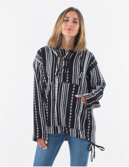 Cotton hooded jacket with stripes and 3 buttons