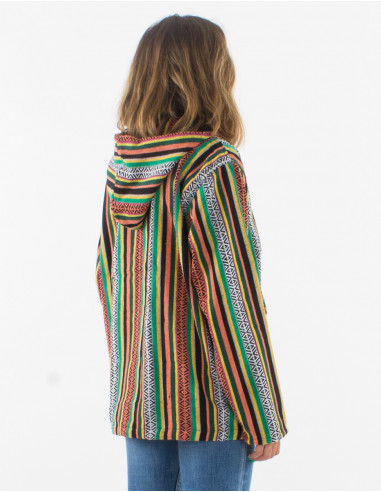 Cotton hooded jacket with stripes and 3 buttons