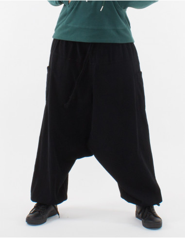 Cotton plain harem pants with pockets and elastic waist