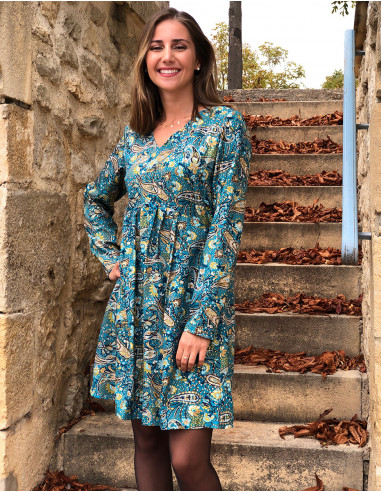 Polyester long sleeves dress with lining and "golden cachemire" print