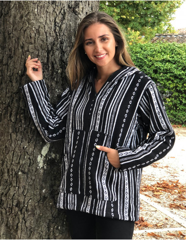 Cotton hooded jacket with stripes and 3 buttons