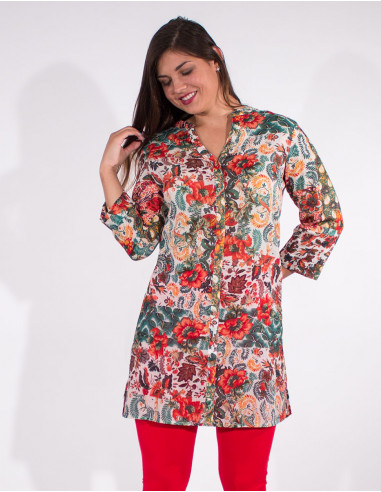 Bohemian print 3/4 sleeves cotton voile tunic