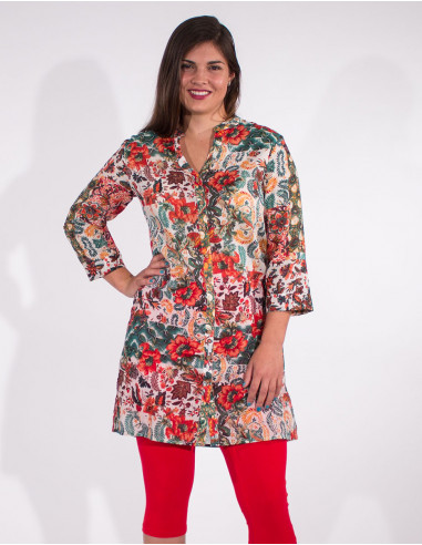 Bohemian print 3/4 sleeves cotton voile tunic