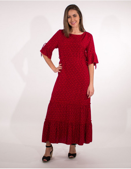 Long viscose short sleeves dress with peacock print