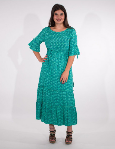Long viscose short sleeves dress with peacock print