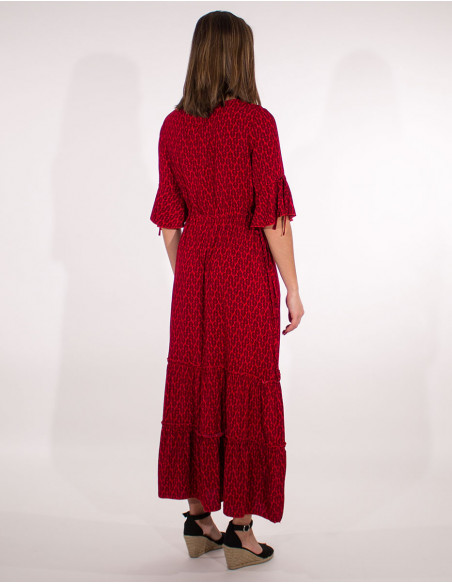 Long viscose short sleeves dress with peacock print