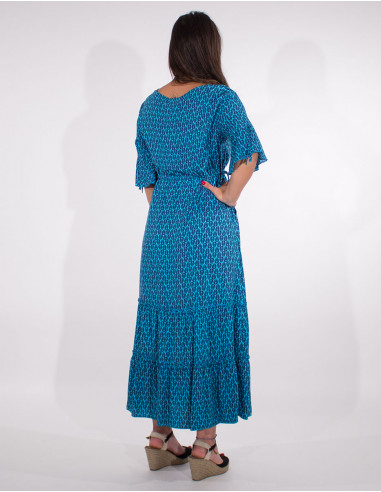 Long viscose short sleeves dress with peacock print