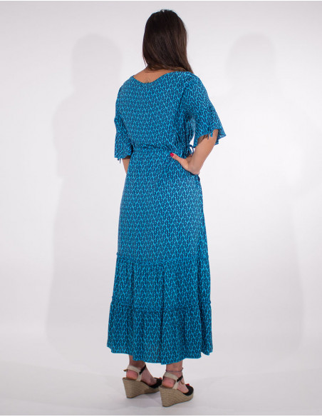 Long viscose short sleeves dress with peacock print