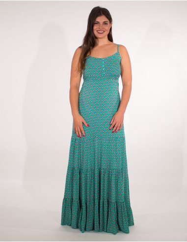 Long viscose dress with feather print straps