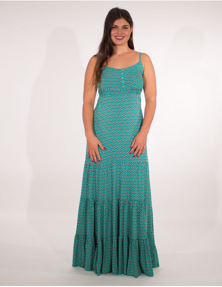 Long viscose dress with feather print straps