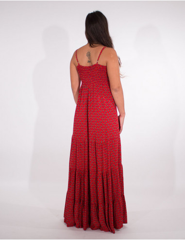 Long viscose dress with feather print straps