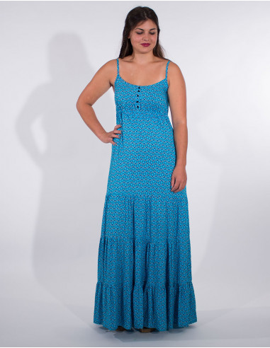 Long viscose dress with feather print straps