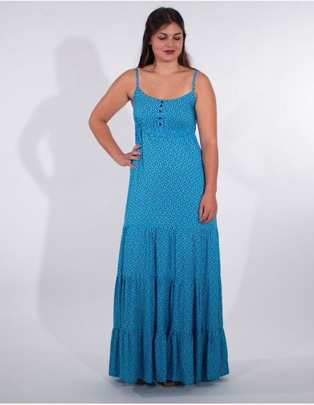 Long viscose dress with feather print straps