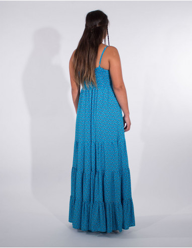 Long viscose dress with feather print straps