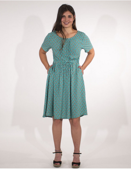 Short sleevesd viscose dress with feather print