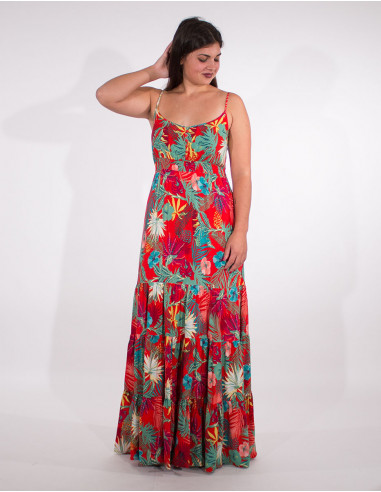 Long viscose dress with vegetal print straps