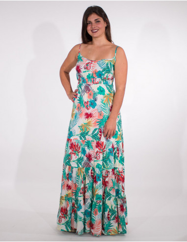 Long viscose dress with vegetal print straps