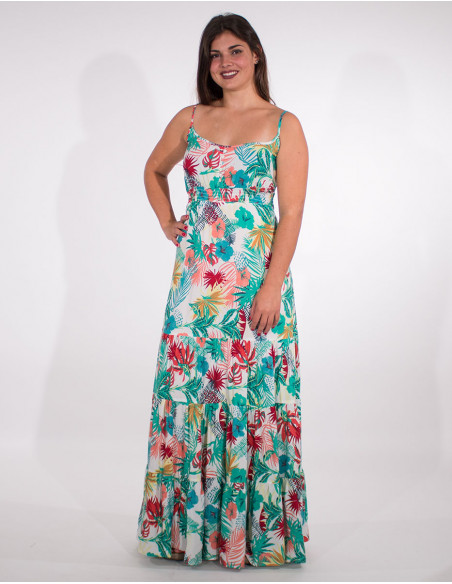 Long viscose dress with vegetal print straps