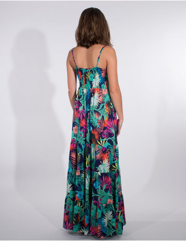 Long viscose dress with vegetal print straps