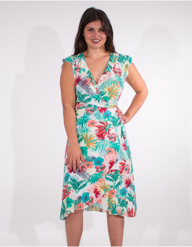 Viscose short sleeves vegetal print wrap-around dress