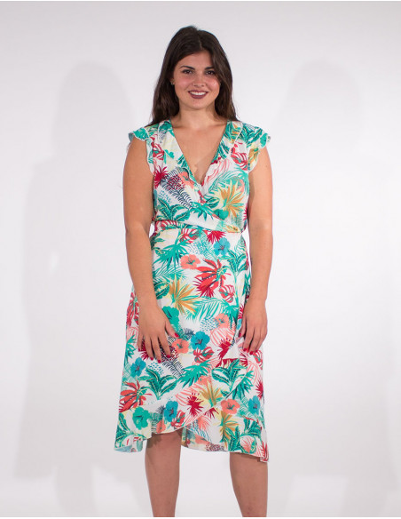 Viscose short sleeves vegetal print wrap-around dress