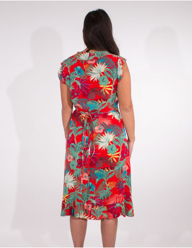 Viscose short sleeves vegetal print wrap-around dress