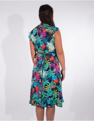 Viscose short sleeves vegetal print wrap-around dress