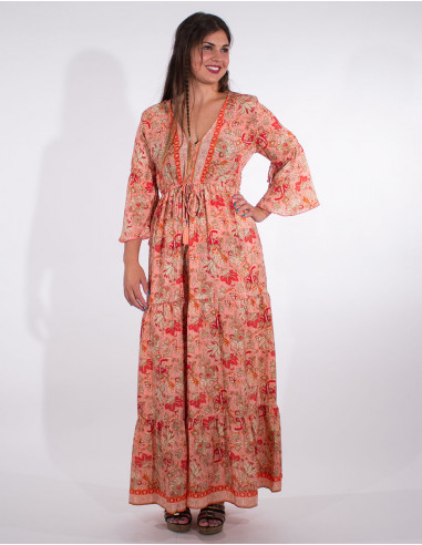 Long polyester 3/4 sleeves dress sari charlie print
