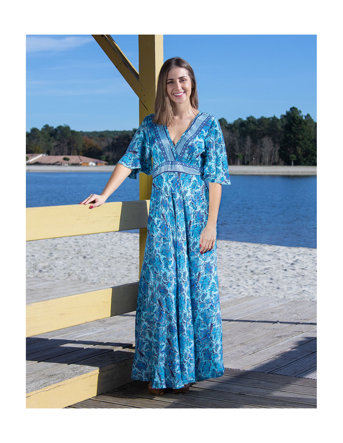 Long polyester short sleeves dress babou print