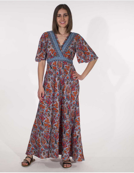 Long polyester short sleeves dress babou print