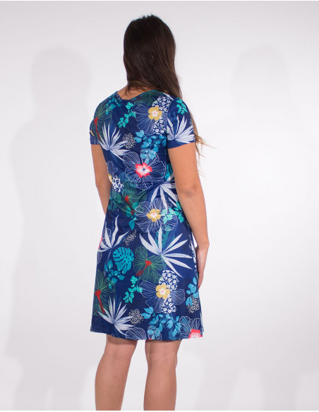 Hibiscus print short sleevesd short sleeves knitted dress 95% polyester 5% elasthan