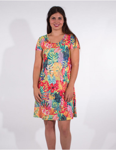 Paradise print short sleevesd short sleeves knitted dress 96% polyester 4% elasthan
