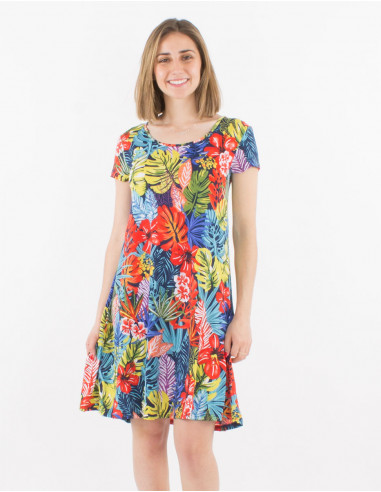 Paradise print short sleevesd short sleeves knitted dress 96% polyester 4% elasthan