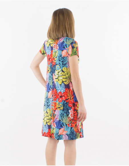 Paradise print short sleevesd short sleeves knitted dress 96% polyester 4% elasthan