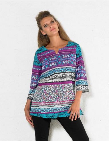 Cotton tunic with 3/4 sleeves and indi print