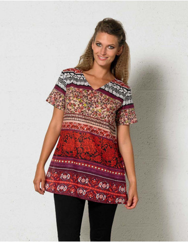 Cotton voile tunic with short sleeves and indi print