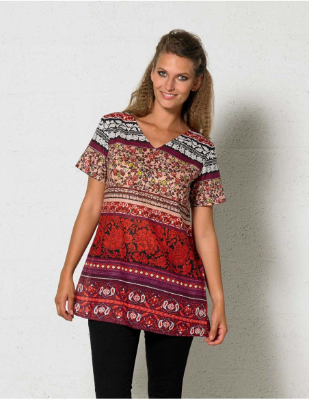 Cotton voile tunic with short sleeves and indi print