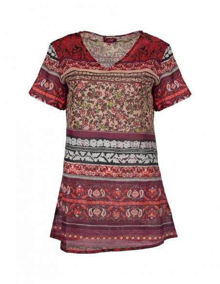 Cotton voile tunic with short sleeves and indi print