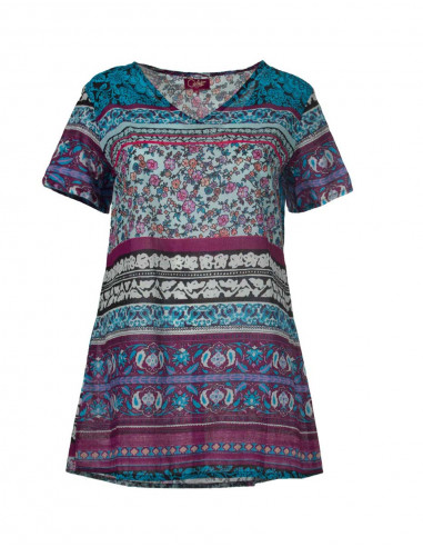 Cotton voile tunic with short sleeves and indi print