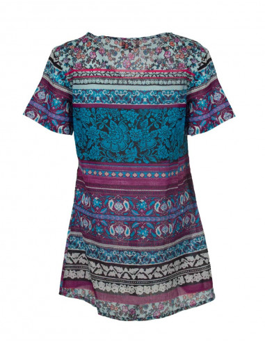 Cotton voile tunic with short sleeves and indi print