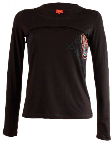 Tee-Shirt manches longues ethnique col Mao