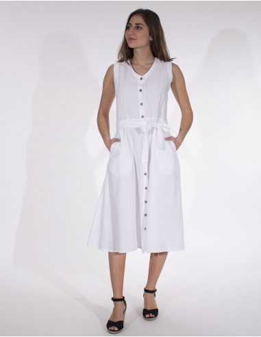 Cotton plain buttoned sw dress with belt