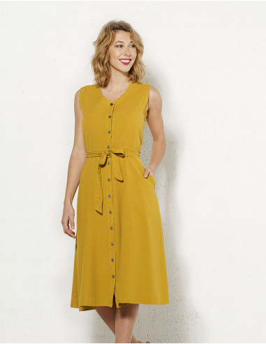 Cotton plain buttoned sw dress with belt