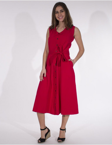 Cotton plain buttoned sw dress with belt