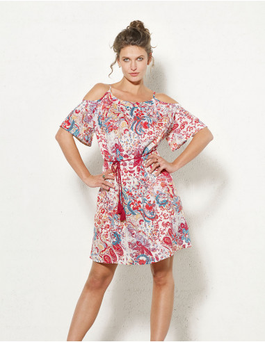 Viscose Dress with Denuded Shoulder Printed Ro
