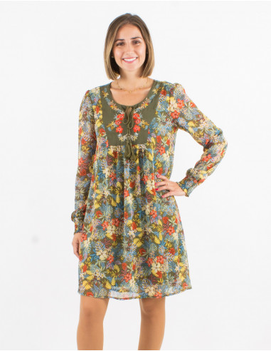 Polyester mousseline embroidered dress with lining and "viana" print