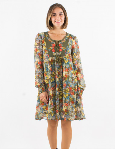 Polyester mousseline embroidered dress with lining and "viana" print