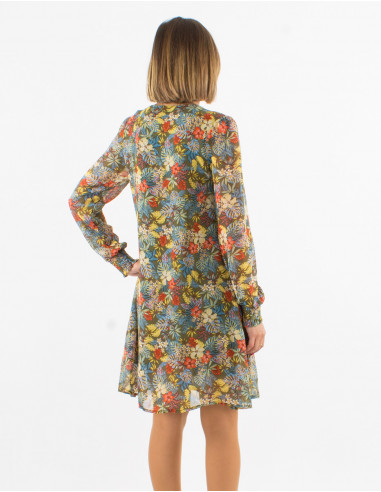 Polyester mousseline embroidered dress with lining and "viana" print