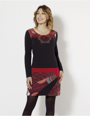 Knitted 97% cotton 3% elastane dress with patchs and 2 prints