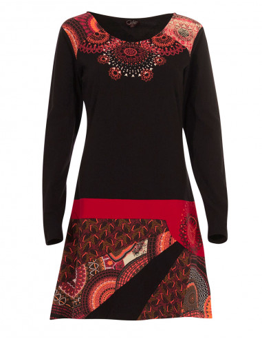 Knitted 97% cotton 3% elastane dress with patchs and 2 prints